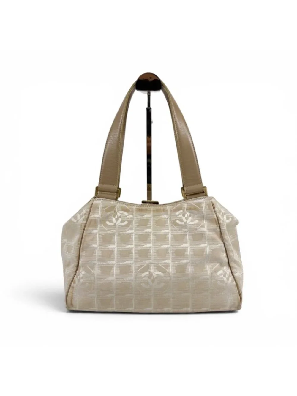 Chanel New Travel Line Handbag Satchel Beige White Nylon Canvas